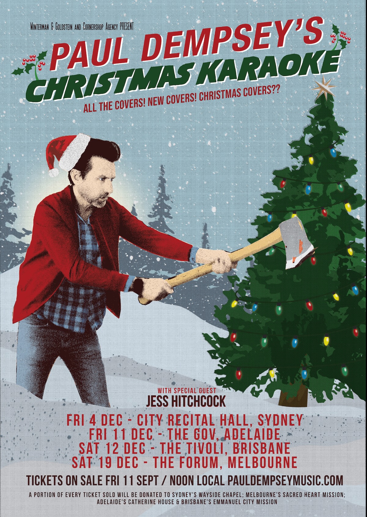 Tour poster for Paul Dempsey's Christmas Karaoke featuring Paul Dempsey in a Santa hat chopping a Christmas tree with an axe. Special guest Jess Hitchcock.